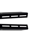 Close-up of a pair of black powder-coated steel amplifier rack rails with elongated mounting slots