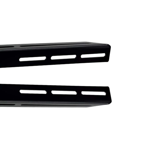 Close-up of a pair of black powder-coated steel amplifier rack rails with elongated mounting slots