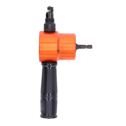 360 Degree Dual Head Sheet Metal Cutter Drill Bit Attachment For Precise Cutting And Drilling Metal Pipes And Panels Adjustable Angle Tool side view with textured black handle.