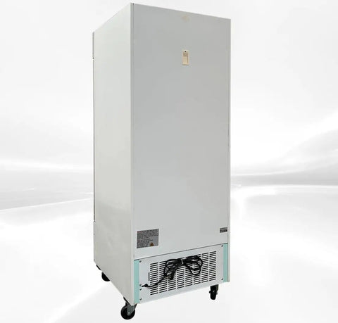 Top Shelf Commercial Freezer Slick Glass Door Reach In Display Merchandiser Twenty Three Cubic Feet Capacity Built Tough With NSF Certified Bottom Mounted Compressor Rear View