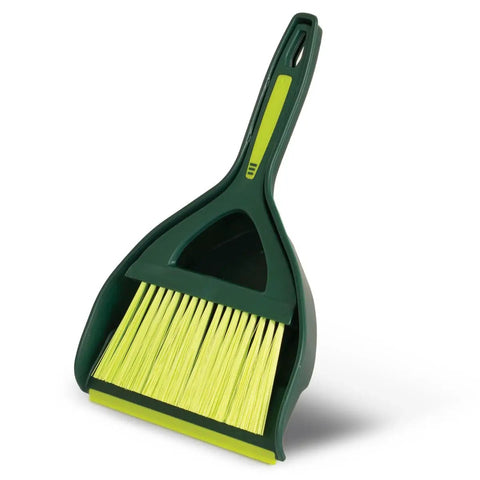 Green Mini Dustpan And Brush Set With Snap On Nesting Design Compact Portable Handy Broom For Quick Cleanups On Tables Desks Counters