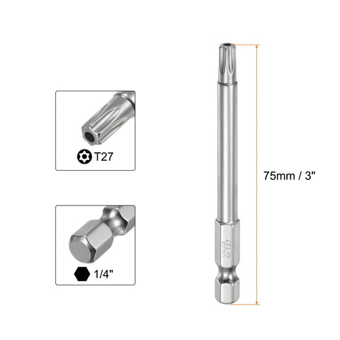 Top Shelf 10 Piece T27 Security Torx Bits With S2 Steel Magnetic Grip Quarter Inch Hex Shank 3 Inch Reach Tamper Proof Star Drivers, showing T27 75mm bit.