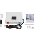 Heavy Duty 3000W Tankless Electric Water Heater With Slick LCD Screen And Cast Aluminum Core For Lightning Hot Water No Waiting Around showing unit, remote, and mounting hardware.