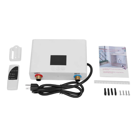 Hassle Free 3000W Electric Tankless Water Heater For Under Sink Mount, remote control, digital temp tuning, installation guide, and accessories.