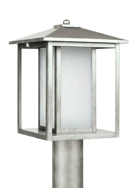 Transitional One Light Outdoor Post Lantern From Hunnington Collection in weathered pewter finish showing classic square design.