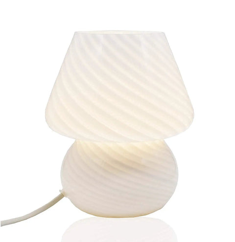 Mushroom Glass Desk Lamp With White Stripes, Vintage Murano Hand-Blown Style, translucent Italian table light, side view