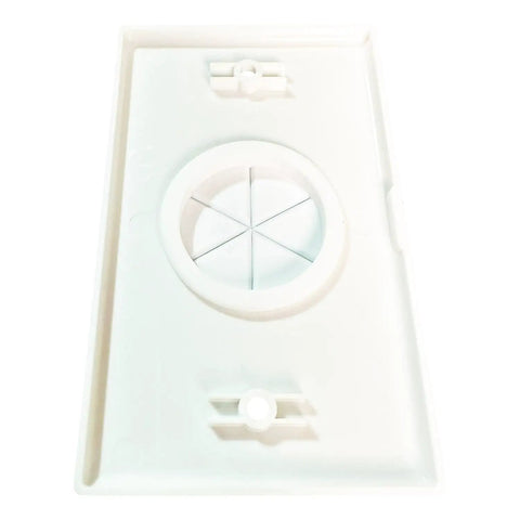 Slick Grommet Wall Plate For In-Wall Cable Management And Wire Concealment To Clean Your Rig Via Hdmis Ethernet And Speaker Cable Routing Through Walls Making Room And Showcasing Smooth Durable Abs White Finish, solid ABS wall plate with circular grommet.