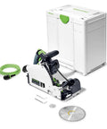 Badass Scorer Plunge Saw Delivering Smooth Tear Free Cuts On Veneer And Laminated Sheets With Diamond Scoring Blade Comes Fully Rigged And Tight For Serious Shop Work, showing saw, blade, and accessories.