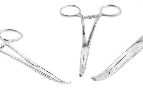 Ultimate 6 Piece Hemostat Set Versatile Locking Clamp Pliers with straight and curved tips in stainless steel for various tasks.