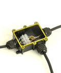 Waterproof Outdoor Junction Box IP68 with 3 Way M20 Cable Gland, open view showing internal wiring connections.