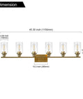 Dimensions of a six-light vanity light, brass finish with clear cylindrical shades, 45.30 inches wide