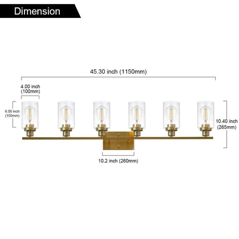 Dimensions of a six-light vanity light, brass finish with clear cylindrical shades, 45.30 inches wide