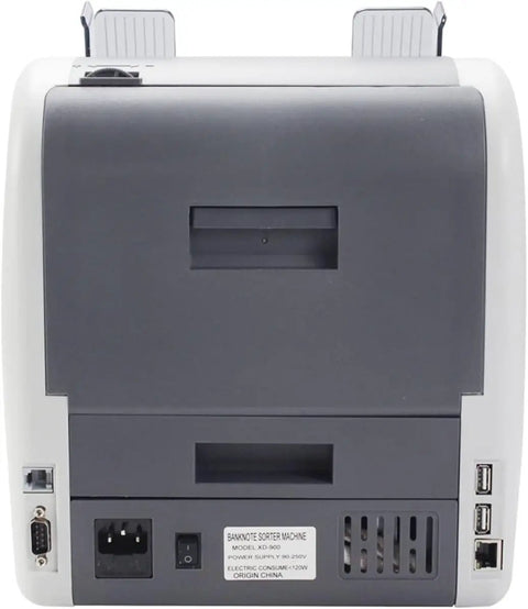 Back view of the Top Shelf Multi Currency Bill Counter Machine Featuring Smart Counterfeit Detector with ports and buttons.