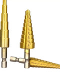 Three Piece Pro Grade Titanium Coated HSS Step Drill Bit Set For Metal Wood Plastic And Aluminum With One Quarter Inch Hex