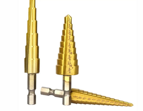 Three Piece Pro Grade Titanium Coated HSS Step Drill Bit Set For Metal Wood Plastic And Aluminum With One Quarter Inch Hex