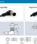 M12 Sensor Cable 4-Pin A-Coded Female Connector, right angle to open end, diagram and dimensions with shielded overmolded PVC-C black design
