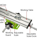 Milling Machine Work Table With Cross Slide And Compound Drilling Slide featuring adjustable rulers and scales for precise bench drilling.