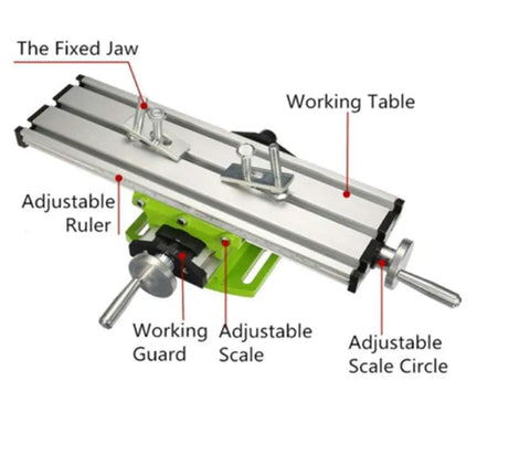 Milling Machine Work Table With Cross Slide And Compound Drilling Slide featuring adjustable rulers and scales for precise bench drilling.