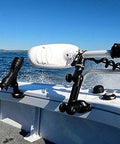 Railblaza Trolling Motor Support XL mounted on boat rail; black adjustable arms and white motor mount