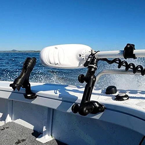 Railblaza Trolling Motor Support XL mounted on boat rail; black adjustable arms and white motor mount