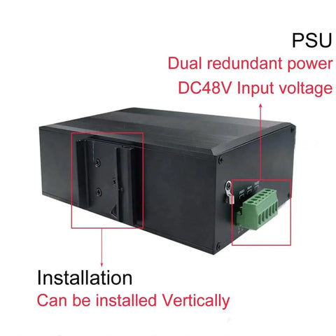 Industrial Gigabit 12 Port Network Switch with Eight PoE Ports and Four SFP Ports, 240W Power Budget, showing dual redundant power supply feature
