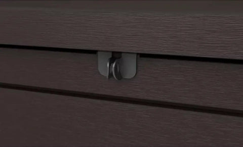 Close-up of lock on XXL 230 Gallon Outdoor Deck Storage Box With Weather Resistant Resin And Lockable Piston Lid For Patio Garden And Pool Area