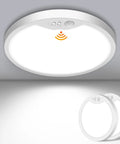 Two Pack Motion Sensor LED Ceiling Light 7 Inch 15W Flush Mount With Selectable 2700K 4000K 6500K Color Temps With Timer Night And Day Modes Motion Activated Closet And Hallway Lighting Non Dimmable shown installed on ceiling and side view.