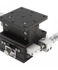 Three Axis Manual Linear Stage with 2.36 by 2.36 inch platform showing X, Y, and Z axis adjustments and precision tuning controls.