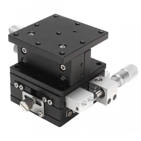 Three Axis Manual Linear Stage with 2.36 by 2.36 inch platform showing X, Y, and Z axis adjustments and precision tuning controls.