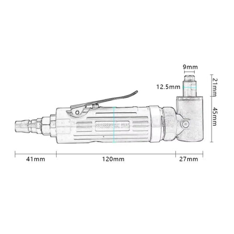 Heavy Duty Pneumatic Right Angle Die Grinder 20000 Rpm Air Polishing Tool side view with dimensions outlined for precision use.