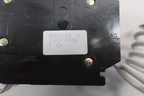 Close-up of QBGFT2050 Two Pole 50 Amp Miniature Circuit Breaker 120/240V AC showing screw terminal and wiring labels.