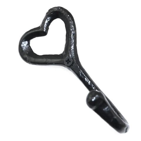 Four Pack Cast Iron Heart Wall Hooks Black Heavy Duty Hook For Keys Belts Towels Super Sturdy Rust Proof Finish close-up view