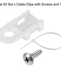 Heavy Duty Nylon Cable Clips With Screws And Ties, 100 Pack Set For Home Office Desk Organization, cable clip, screw, and zip tie displayed