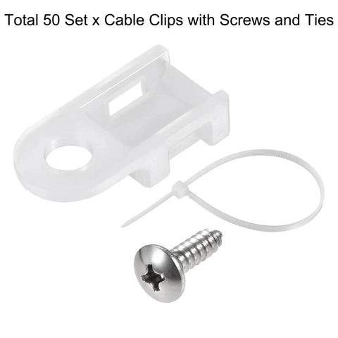 Heavy Duty Nylon Cable Clips With Screws And Ties, 100 Pack Set For Home Office Desk Organization, cable clip, screw, and zip tie displayed