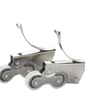Rock Solid Heavy Duty Double Wheel Casters Four Pack Ultra Quiet Polyurethane Rollers For Effortless Glide Sliding Doors And Closet Replacement Track Wheels With Dual Bearings Hauling Three Hundred Pounds Each, showcasing two sturdy silver casters with white wheels.