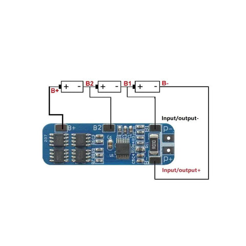 Slick 3Pcs 3S 12V BMS For 18650 Lithium Ion Packs Offering 10 Amp Max Draw, PCB layout with connection points and safety features.