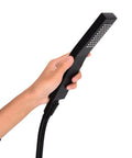 Hand holding a sleek black shower head from the SASKATE Shower System with Thermostatic Mixer, High Pressure Rain Shower.