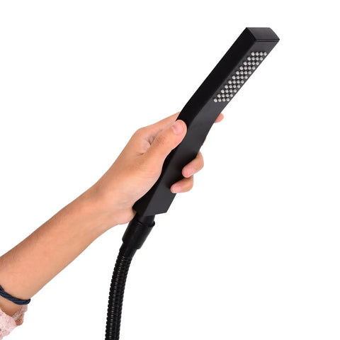 Hand holding a sleek black shower head from the SASKATE Shower System with Thermostatic Mixer, High Pressure Rain Shower.