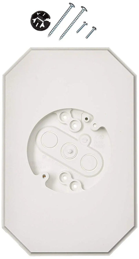 Siding Mounting Kit With Built In Electrical Box For Half Inch Lap Double Siding White Easy Peasy Install On T111 HardiePlank Siding And Flat Surfaces UL Listed 1 Pack, including screws and NM connector.
