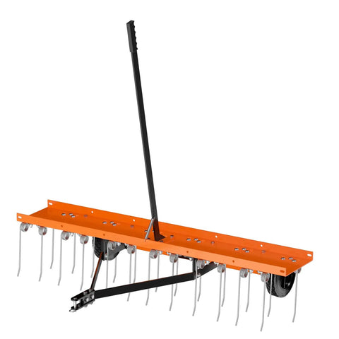 48 Inch Tow Behind Dethatcher For Lawns, heavy-duty rake with 24 rust-proof tines, bright orange, fits lawn tractors, ATV, UTV