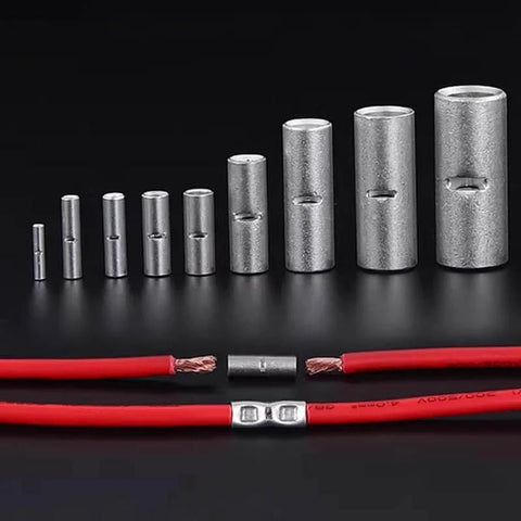 100 Piece Non Insulated Butt Connectors Kit For AWG 22 16 Wire Tin Plated Copper Crimp Ferrule Terminals displayed with wires
