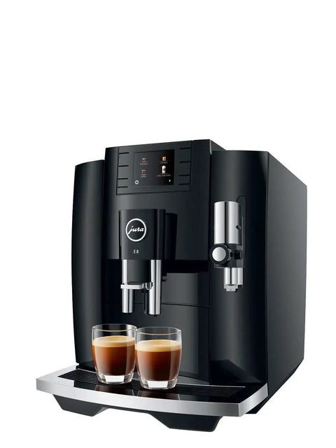 Top Shelf Fourth Generation Automatic Coffee Machine In Piano Black with two espresso shots visible in cups, sleek design, and user-friendly interface.