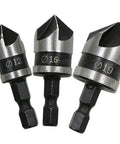 Three-piece countersink drill bit set with 1/4 in hex shanks, sizes 12mm, 16mm, 19mm.