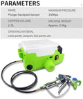 Pro Grade Backpack Airless Paint Sprayer With Cordless Spray Gun And 15Mpa High Pressure, 1.7L Tank With Six Speed Controls, showing vibrant green design and hose.