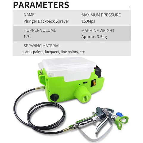 Pro Grade Backpack Airless Paint Sprayer With Cordless Spray Gun And 15Mpa High Pressure, 1.7L Tank With Six Speed Controls, showing vibrant green design and hose.