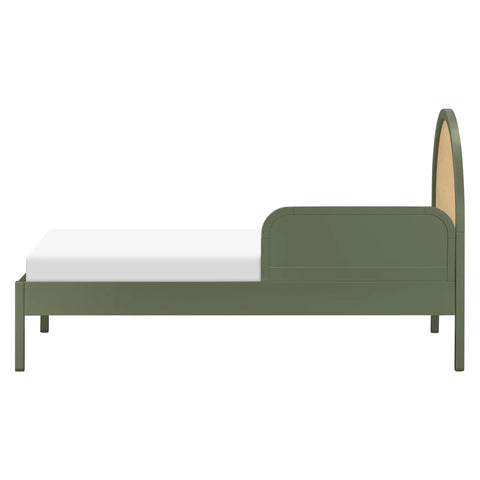 Side view of olive bed with Olive Bed Guardrail For Twin And Full Beds For Kiddo GREENGUARD Gold Certified Non Toxic Finish