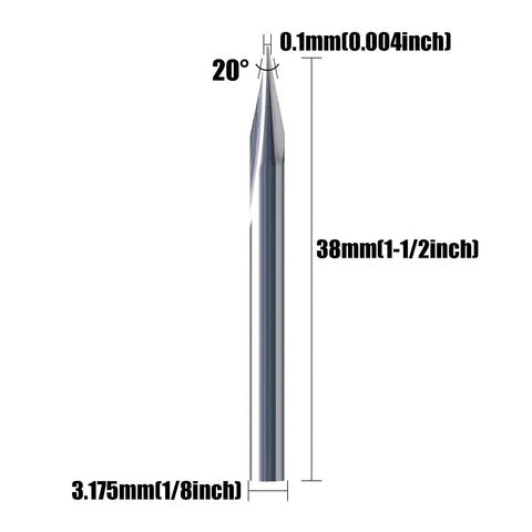 Ready To Roll V Groove Cnc Router Bit With One Eighth Inch Shank and razor sharp carbide edge, 20 degree angle and 38mm length.