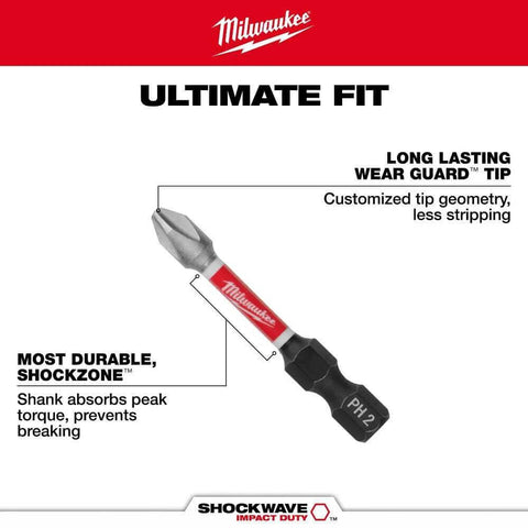 Milwaukee Shockwave PH2 driver bit, steel with red shaft and black hex shank