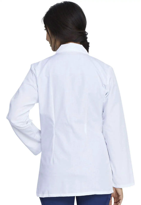 Back view of Women's 28 Inch Poplin Lab Coat With Notched Lapels And Button Front Built To Last All Day Comfort Workhorse Medical Coat