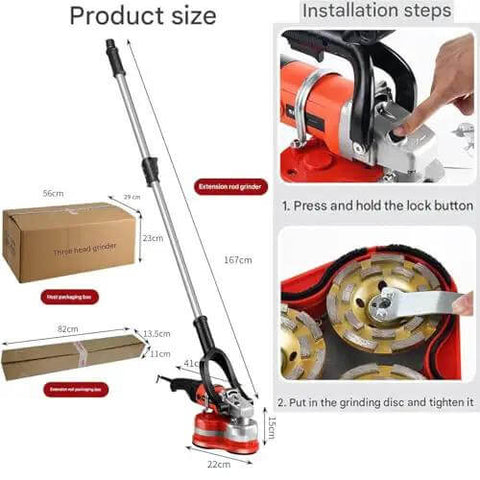 Built Tough Workhorse Three Head Concrete Grinder And Wall Sander With Six Variable Speeds Pro Grade Cement Planer dimensions and installation guide.